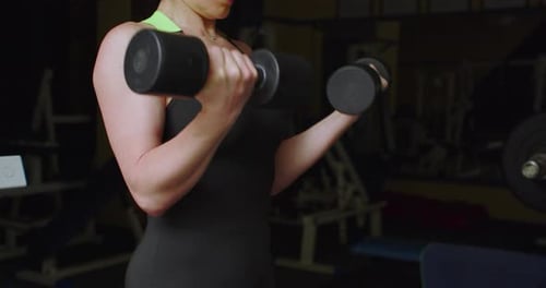 Cropped View of a Fit Middle Aged Caucasian Woman During Gym Workout Bicep Workout with Dumbbells