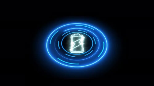 Neon Charging Battery Icon with Digital Blue Rings