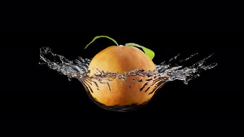 Uma rotação em loop de uma laranja em respingos de água. Canal Alpha.