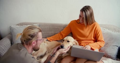 Couple heureux dans une pièce ensoleillée, un homme blond à lunettes caresse un chien et une fille blonde travaille sur un ordinateur portable