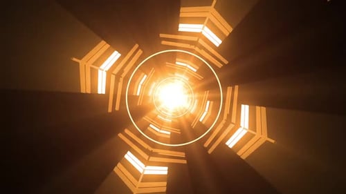 Dynamischer orangefarbener Tunnel mit hellem Licht und futuristischen geometrischen Mustern