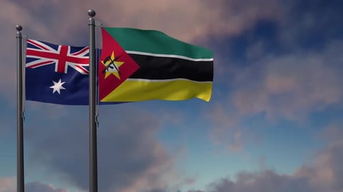 Australia and Mozambique Flags Waving on Flagpoles