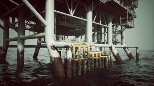 Rusty Old Oil Platform Stands in Calm Waters Off the Coast During Sunset