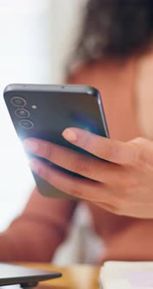 Phone, hands and businesswoman in office with texting, networking or communication on mobile app