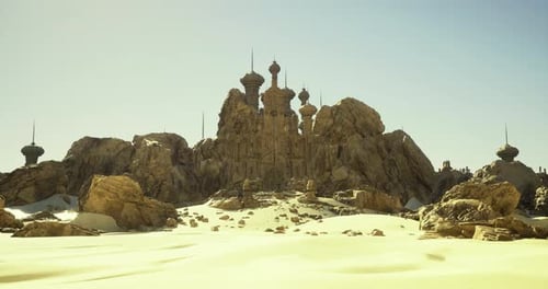 Majestic Desert Castle Surrounded By Towering Rock Formations Under Bright Sun