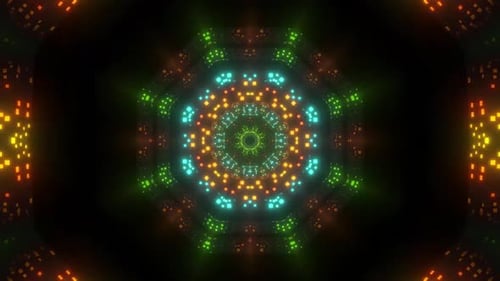 Vibrant digital tunnel with glowing geometric patterns in motion