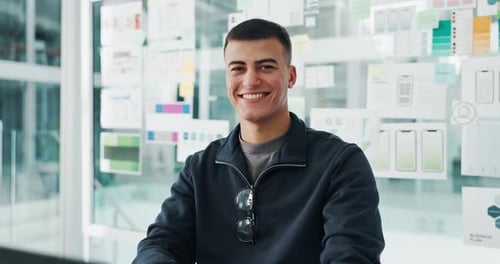 Creative, agency and face of man in office for ui designer career, opportunity and website