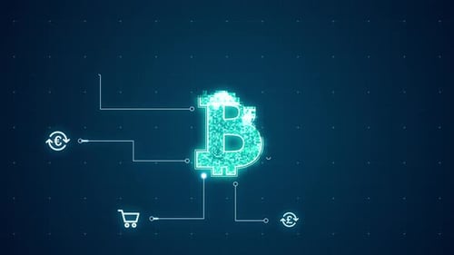 Logo bleu de la monnaie numérique avec connexion par ligne et technologie de transfert de données, arrière-plan abstrait