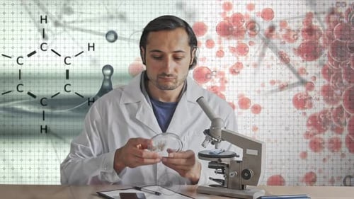 Concept A Scientist in a White Coat Works with a Sample Behind a Microscope