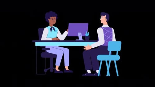 Manager and a Client animation. Bank service, finance, credit, deposit consult. Worker Receptionist