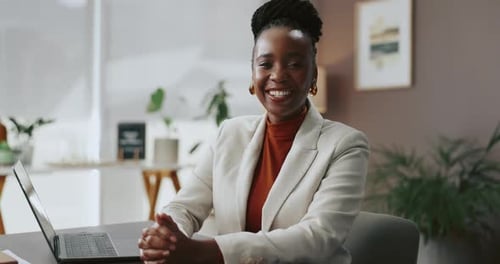 Laptop, smile and face with business black woman in office for email, administration manager
