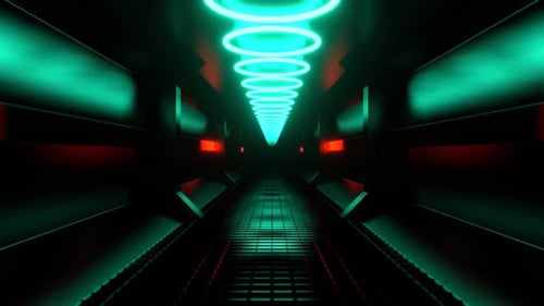Turquoise And Orange Endless Sci Fi Corridor With Neon Lighting Background Vj Loop I 4K