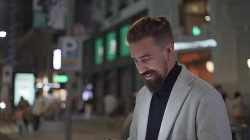 Copy Space Video with Close Up of a Caucasian Man Crossing the Crosswalk Using Phone at the City