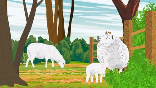 Flat Design Animation of Sheep in a Green Field