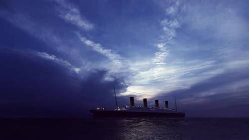 Large Cruise Ship Sailing in Ocean at Blue Sunset