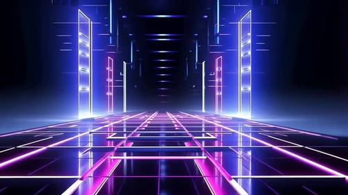 Pasillo futurista iluminado con neones y paneles brillantes