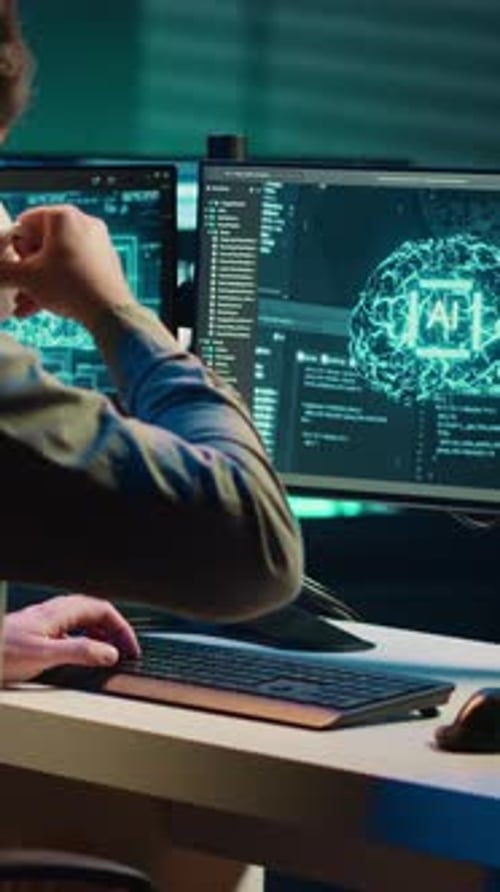 Person Coding at Computer with AI Brain Graphic