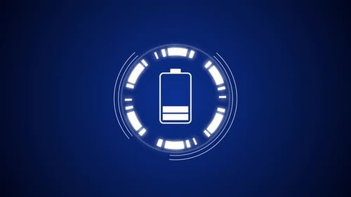 Animated battery charging icon on a dark blue background technology concept design