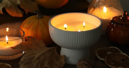 Candles, Pumpkins, and Autumn Leaves Still Life