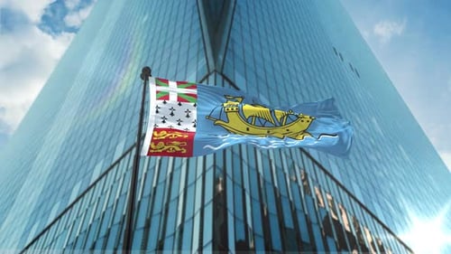 Saint Pierre and Miquelon Flag Waving in Corporate Building Background
