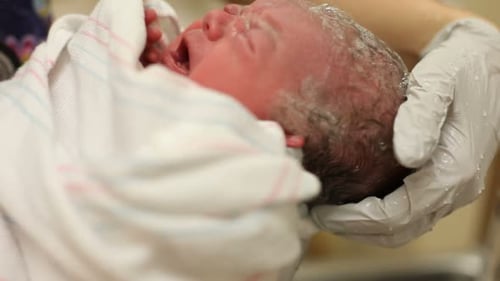 Newborn Infant Crying in Hospital Being Held