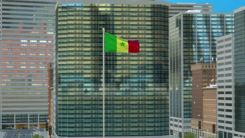 Senegal Flag 3D Render Animation on Pole with Modern Business District Buildings – Daytime View