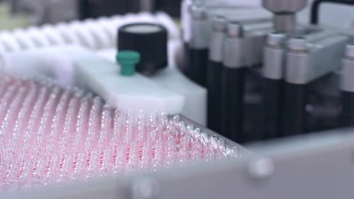 Medicine ampoules moving on automated conveyor belt in pharmaceutical factory