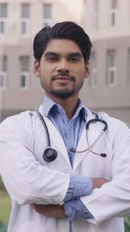 Confident Doctor with Stethoscope Poses Outdoors