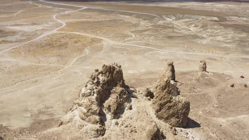 Aerial 4K view of unique geological feature in California's desert. Weird desert landscape with nume