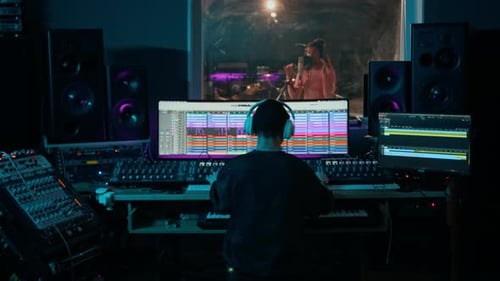 Audio Engineer Working at Mixer Board Recording Teenage Group in Music Studio
