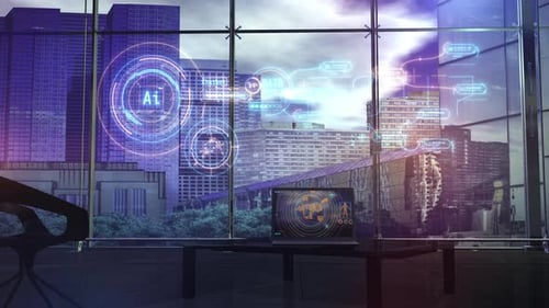 Modern Office With Laptop And Infographics About AI
