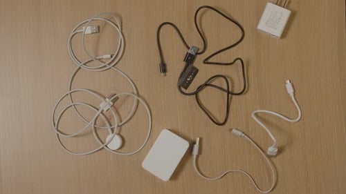 Unorganized wires and chargers tangled on a brown wooden desk