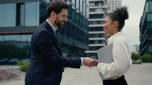 Two Business Partners Colleagues Meeting in City Handshake Caucasian Businessman Greeting