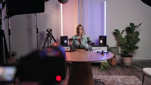 Recording, promotion and woman with microphone for product review, feedback and analysis