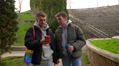 Gay couple sharing a moment in the park, looking at smartphone
