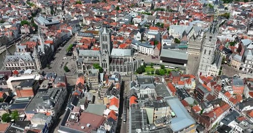 Saint Nicholas' Church, East Flanders, Ghent, Flemish Region, Belgium, June 2022. Drone aerial sidev