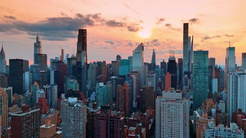 Flying above the midtown of New York over the various buildings.