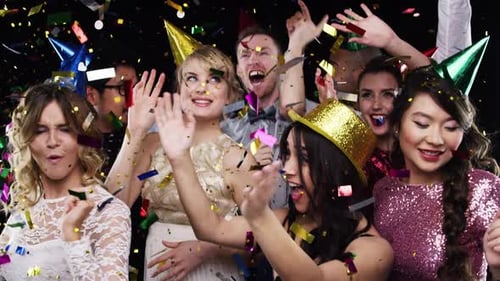 4k video footage of a group of friends partying and dancing against a studio background