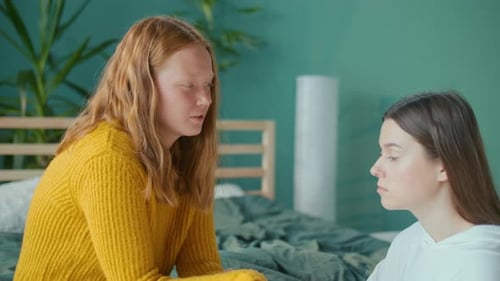Red Haired Unhappy Depressed Teenager Girl Talks to Female Friend Using Tissues