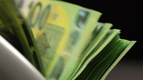 Euro Currency Counting Machine Counting Banknotes Close Up