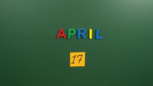 Hand sticking a sticker 17 April calendar day on school board. 17 date of April. Seventeenth day