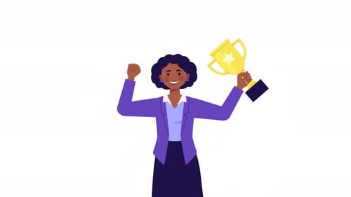 Business woman holding golden trophy cup. Cartoon style animation