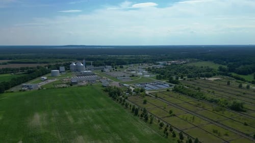 Wastewater treatment plant, drinking water. Unique aerial view flight drone