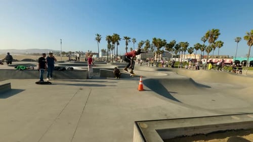 Skateboarder skateboarding in Venice Beach skate park Los Angeles