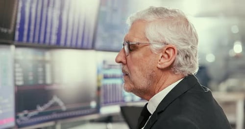 Mature businessman, screen and stock market with stress for monitoring exchange