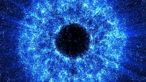 Abstract round sphere made of shiny blue magic glow particles on a dark background, energy ball