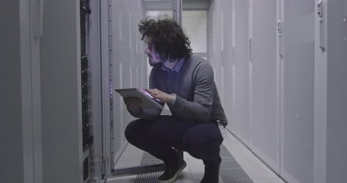 Man Using Tablet While Squatting by Servers