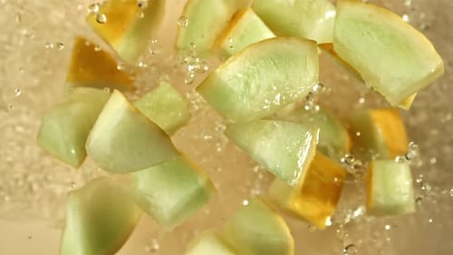 Des morceaux de melon volent sur un fond clair filmés par une caméra à haute vitesse à 1000 images par seconde