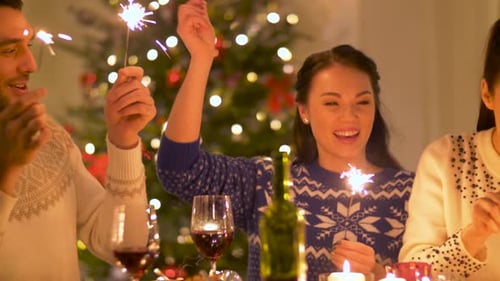 Friends Celebrating Christmas with Sparklers and Wine