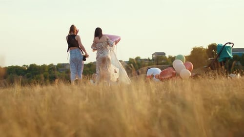 Photographer Shoots Happy Birthday of Baby and Family Lifestyle and Autumn Sunset with Tent in Field